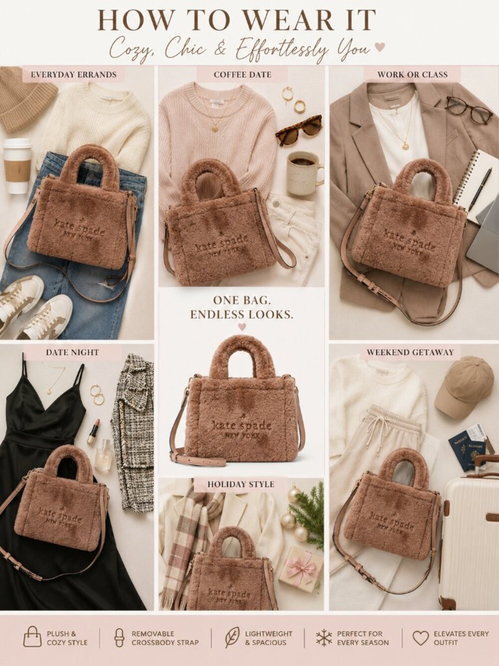 Kate Spade New York Faux Shearling Teddy Tote Crossbody | Blush Taupe | Like New - Picture 2 of 8